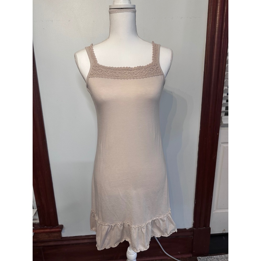 Noix de Coco Tan Crochet Lace Trim Ruffle Hem Sleeveless Mini Dress AX-117 M